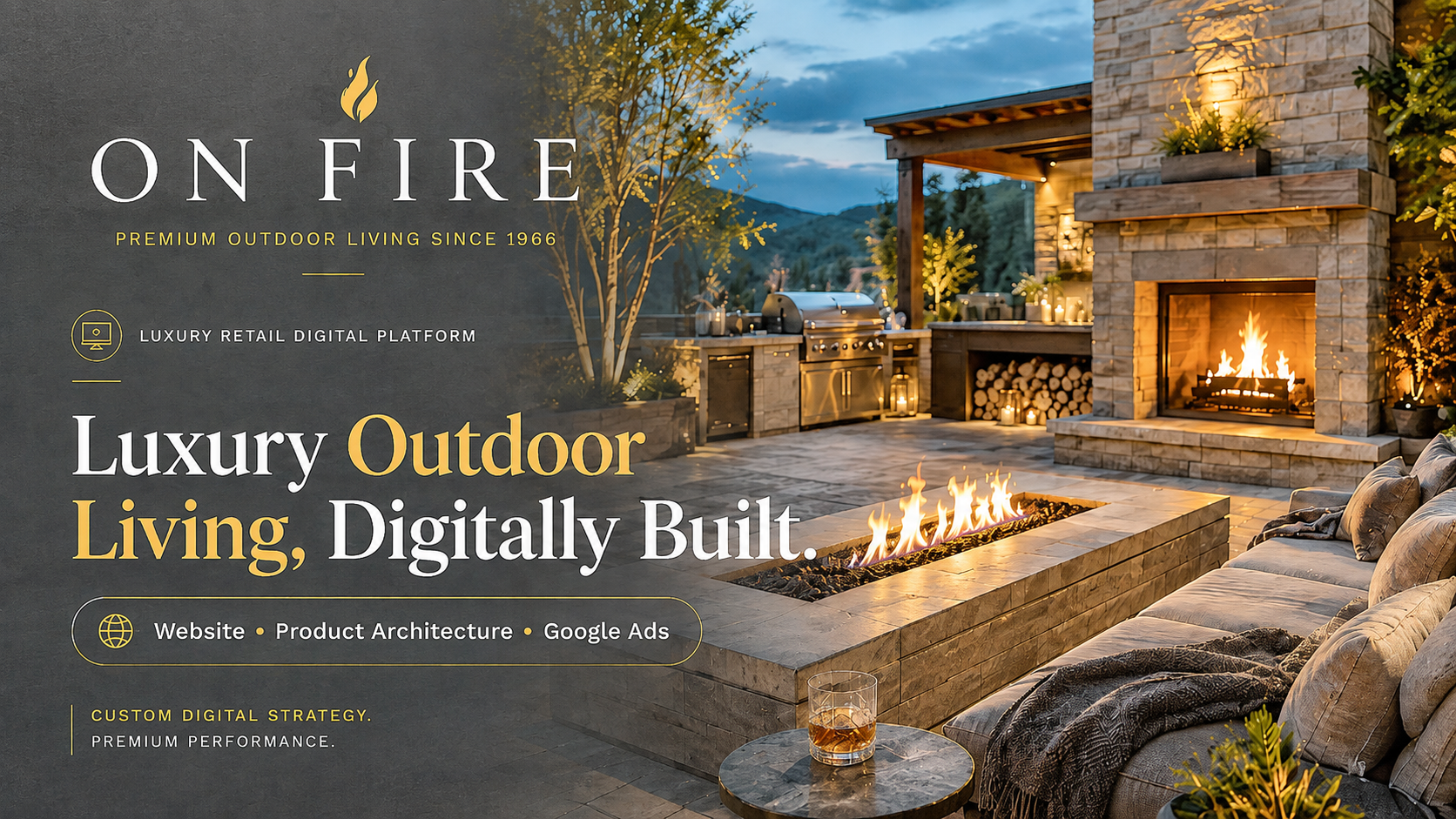 Luxury outdoor fireplace and patio featured in Emediacy's On Fire website and Google Ads case study